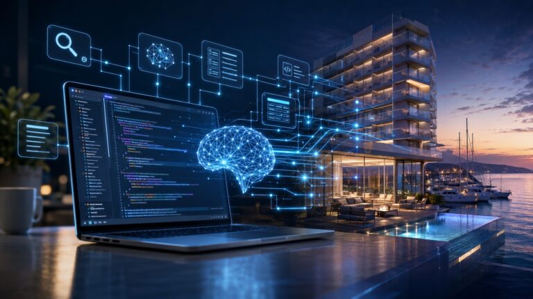 AEO/GEO-First Web Development: What Happens When a Site Is Built for AI Search Before Launch AEO/GEO-first web development concept: code editor connected to a waterfront hotel through structured data and AI signals