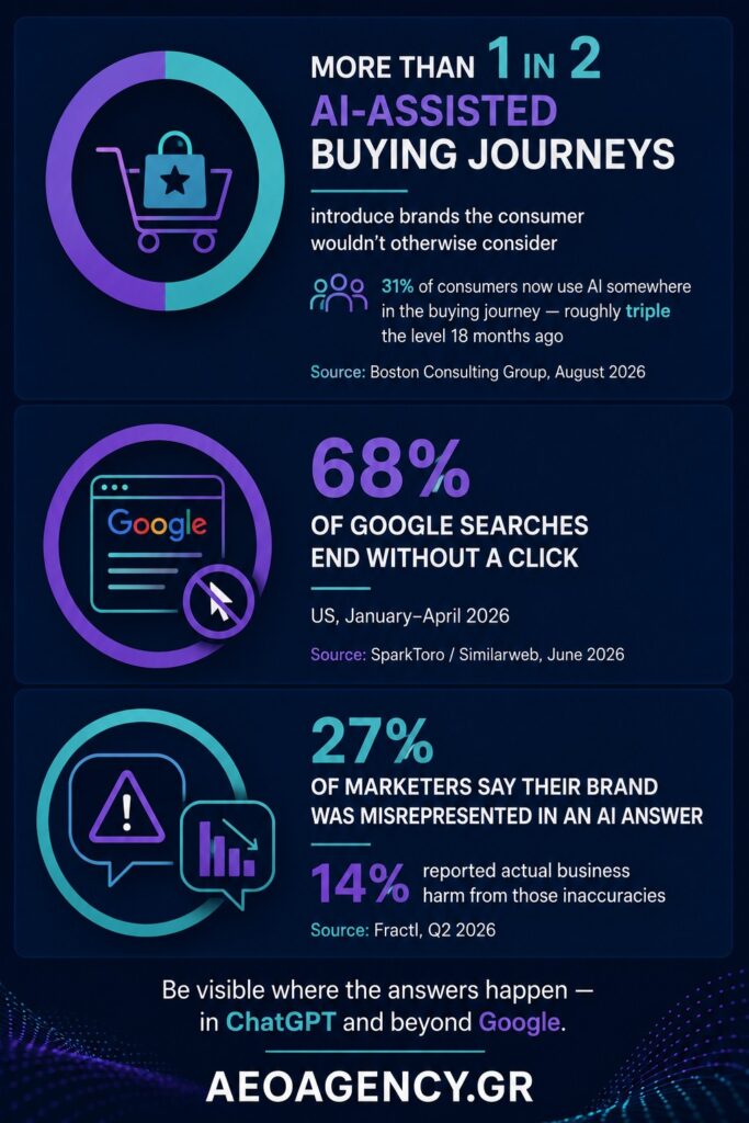Three sourced statistics on AI search in 2026: more than 1 in 2 AI-assisted buying journeys introduce brands the consumer would not otherwise consider (BCG); 68% of US Google searches end without a click (SparkToro/Similarweb); 27% of marketers say their brand was misrepresented in an AI answer, with 14% reporting business harm (Fractl).